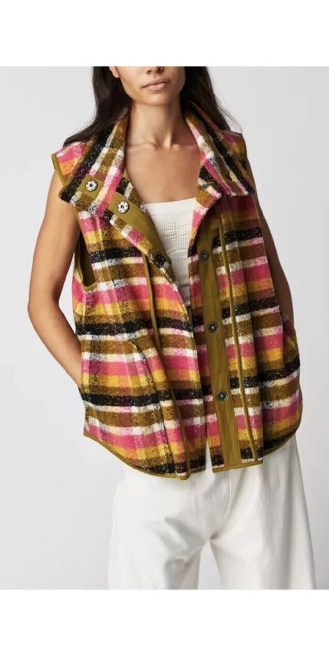 Free People Wrapped Up Blanket Vest Gillet Coat Sz XS XSmall Pink Green New